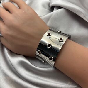 Y2K Cyberpunk Industrial Silver Eyelet Grommet Cuff Bracelet